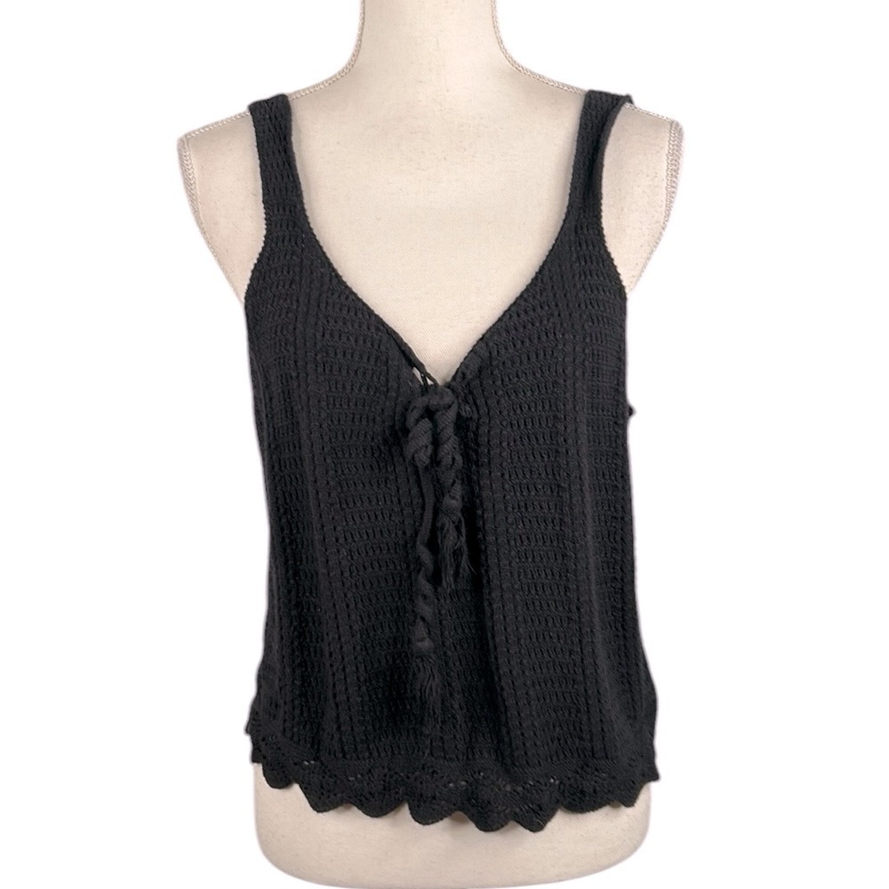 Old Navy Black Open Knit Cropped Festival 90's Y2K Sweater Tank Top Size Large
